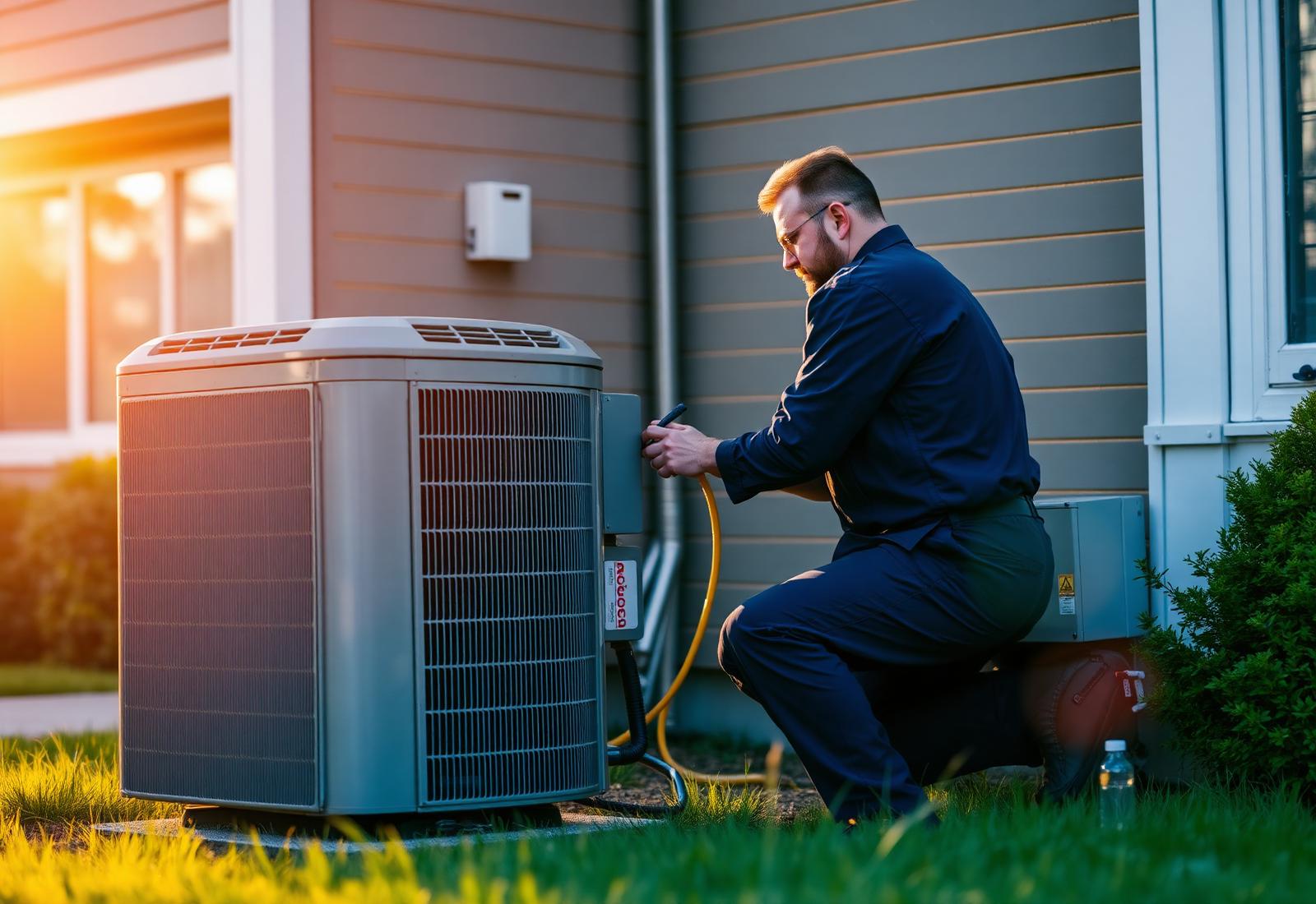 HVAC technician servicing an outdoor condenser at sunset